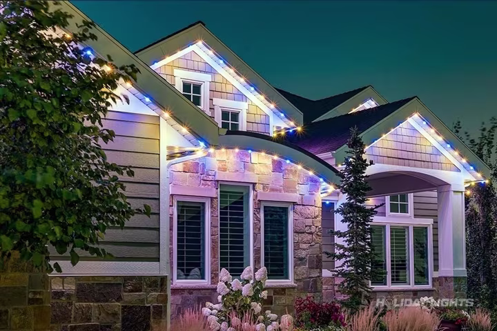 App-controlled permanent LED lighting on a Delaware home facade