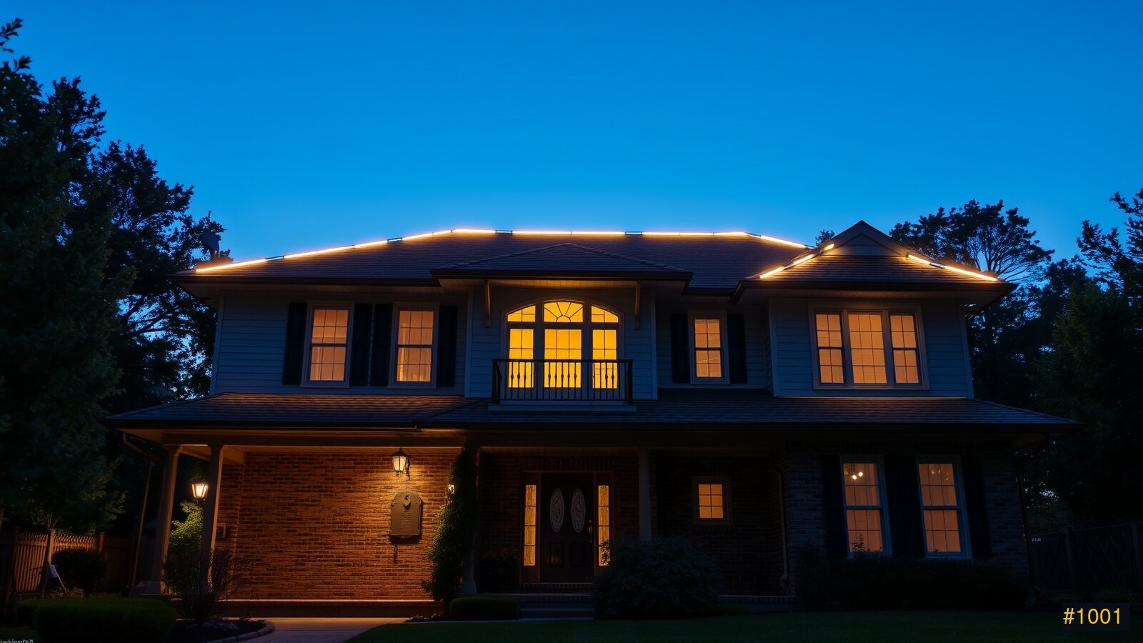 Permanent red-and-white roofline lighting on a Delaware home