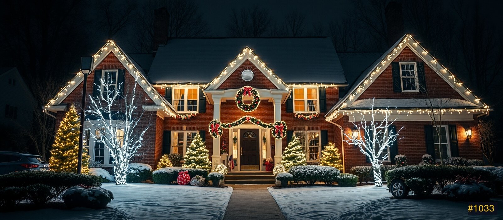 Festive Cheswold home at night